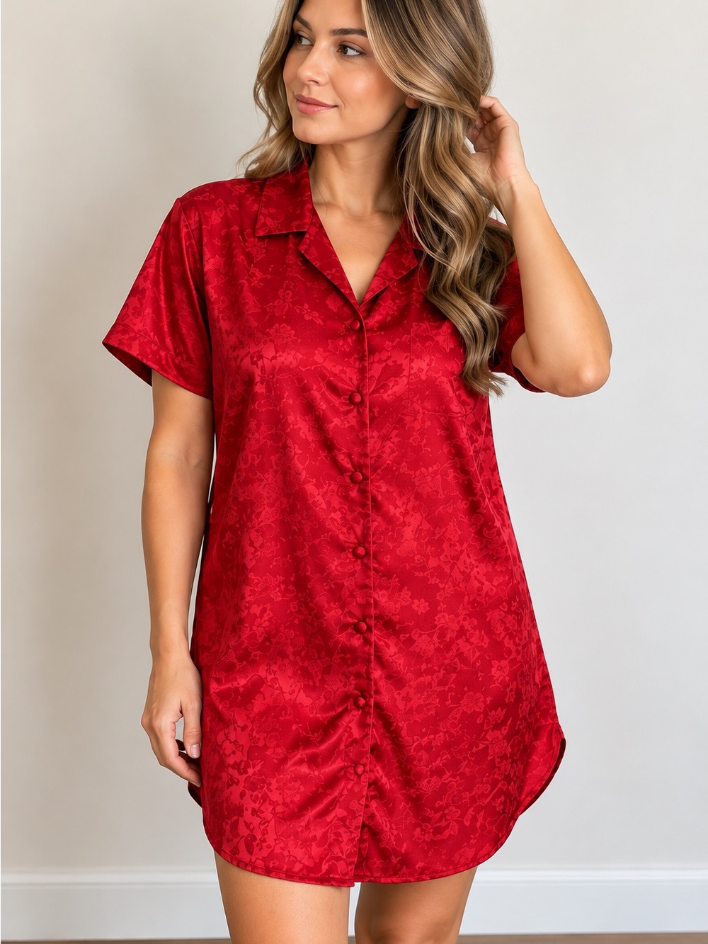 AāMilano Intimates L Red Satin Floral Jacquard Button Front Nightshirt